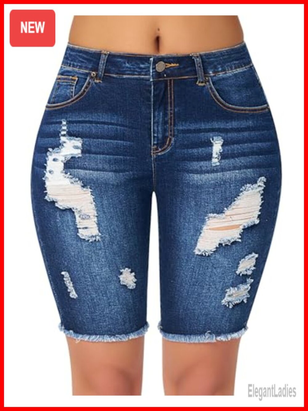 High Waisted Distressed Bermuda Jean Shorts Frayed Hem Stretchy Summer Denim